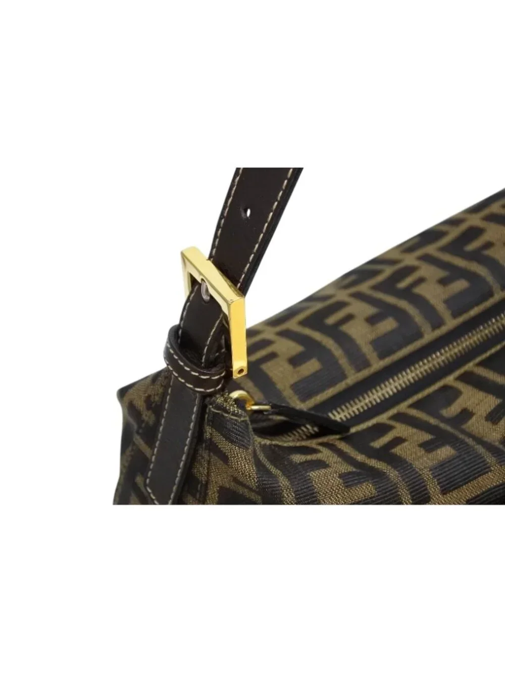 Fendi Mamma Baguette Handbag Zucca Pattern Brown Leather Canvas Gold